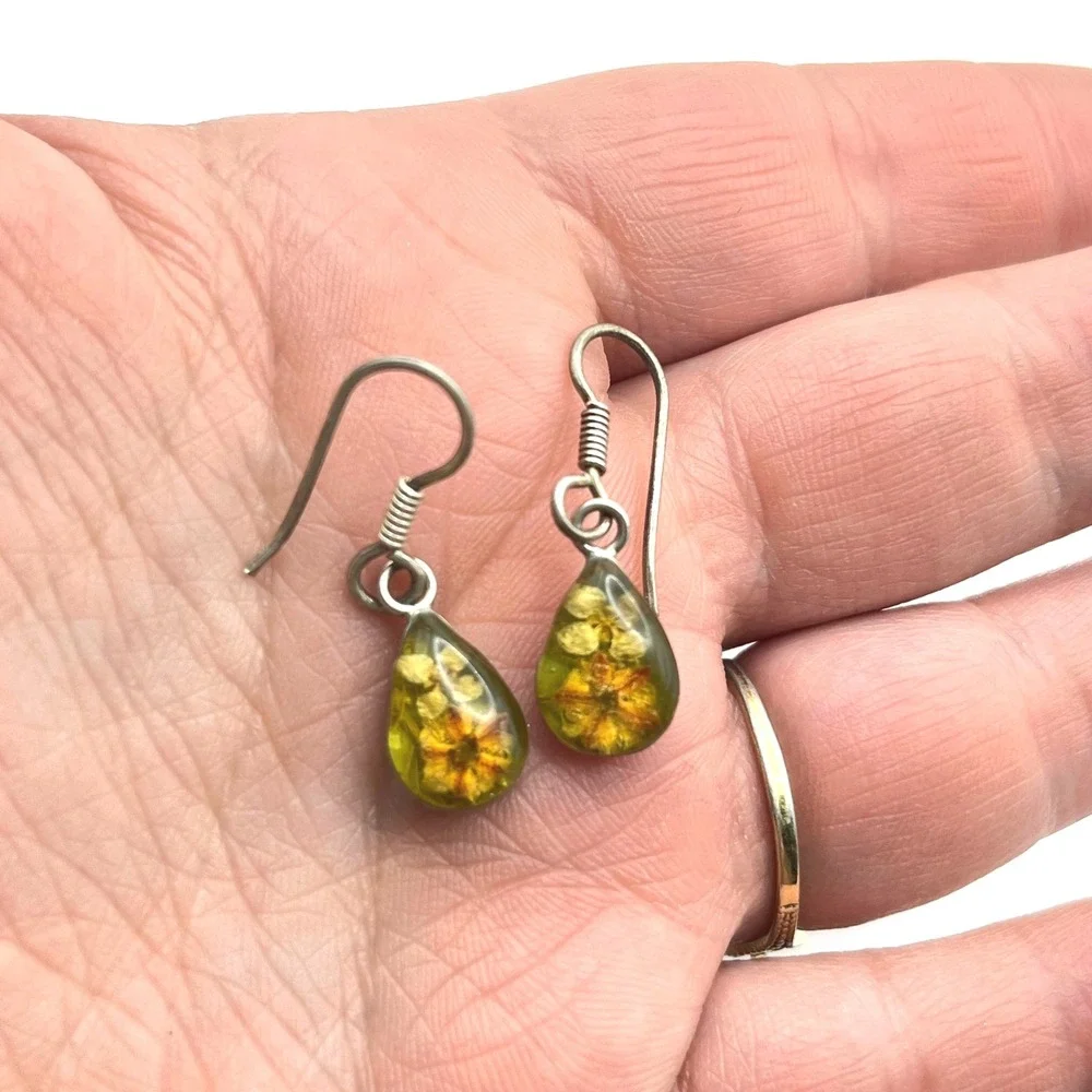 Vintage 925 Sterling Silver Real Pressed Flower Teardrop Dangle Earrings Mexico